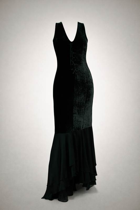 Vestido velvet y gasa verde botella